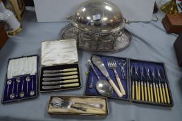 EPNS Serving Dish plus Tray, Cutlery, and Silver Tongs