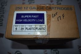 Box of 250 12-Guage Hull Cartridge Super Fast High Velocity Shot 6, Load 29g, Plastic Wad