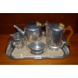 Picquot Ware Tea Set Comprising Tray, Coffee Pots, Teapot, Cream Jug, and Sugar Bowl