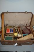 Case of Vintage Collectible Items, Workbox, Ink Stand, etc.