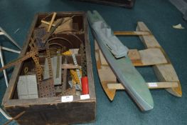 Box of Meccano Parts plus Wooden Catamaran, and Battleship