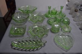 1930's Green Glass Dressing Table Sets etc. 17pcs