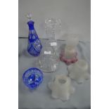 Bohemian Cobalt Blue Glass Decanter plus French Crystal Candlestick, and Vintage Shades