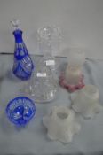 Bohemian Cobalt Blue Glass Decanter plus French Crystal Candlestick, and Vintage Shades