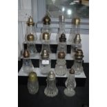 Fifteen Decorative Glass Sugar Shakers with EPNS Tops