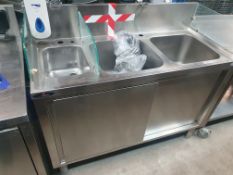 * S/S triple sink with glass divinders and taps. With under cupboard/sliding doors. 1300w x 600d x