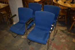 *Four Chrome Framed Reception Chairs with Blue Upholstery