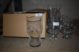 *Assorted Timothy Taylor and Amstel Branded Glasses, and 8 Brandy Glasses