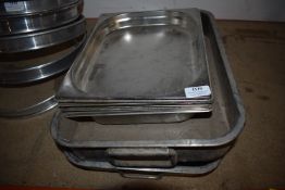 Two Stainless Steel Roasting Dishes and Four Vogue Bain Marie Inserts