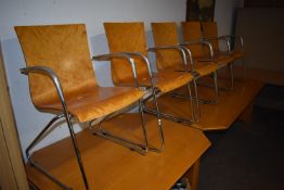 Five Contemporary Style Chrome Framed Stackable Chairs with Formed Plywood Seats and Cast