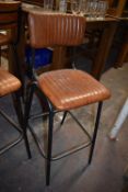 *Seven Retro Style High Seat Barstools Upholstered in Stitched Tan Leather