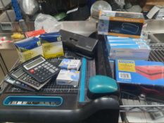 * Selection of office/stationary items; staplers, guilotine, calculators, UV light, cash box,