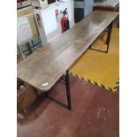 * Vintage wooden topped table with folding metal legs. 2200w x 500dd x 780h