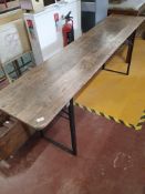 * Vintage wooden topped table with folding metal legs. 2200w x 500dd x 780h