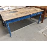 * Original vintage kitchen table - solid pine top, turned legs, one drawer, painted base.