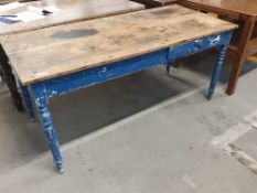 * Original vintage kitchen table - solid pine top, turned legs, one drawer, painted base.