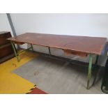 * extra long vintage industrial desk/work table with green painted steel frame and 2 pine drawers.