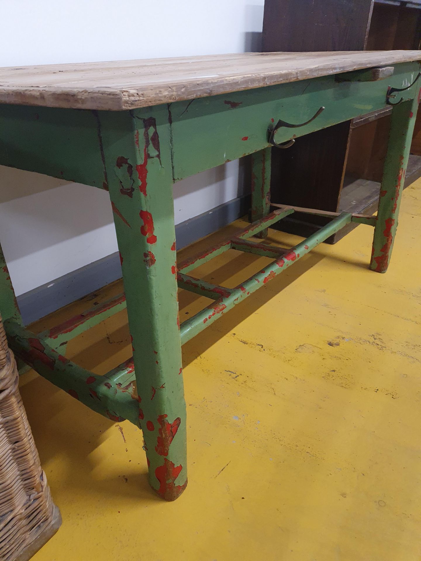 * Rustic pine kitchen table with green painted base. 1400w x 770d x 750h - Image 3 of 3