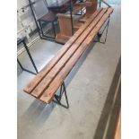 * Vintage slatted bench with folding metal legs. 1800w x 260d x 520h