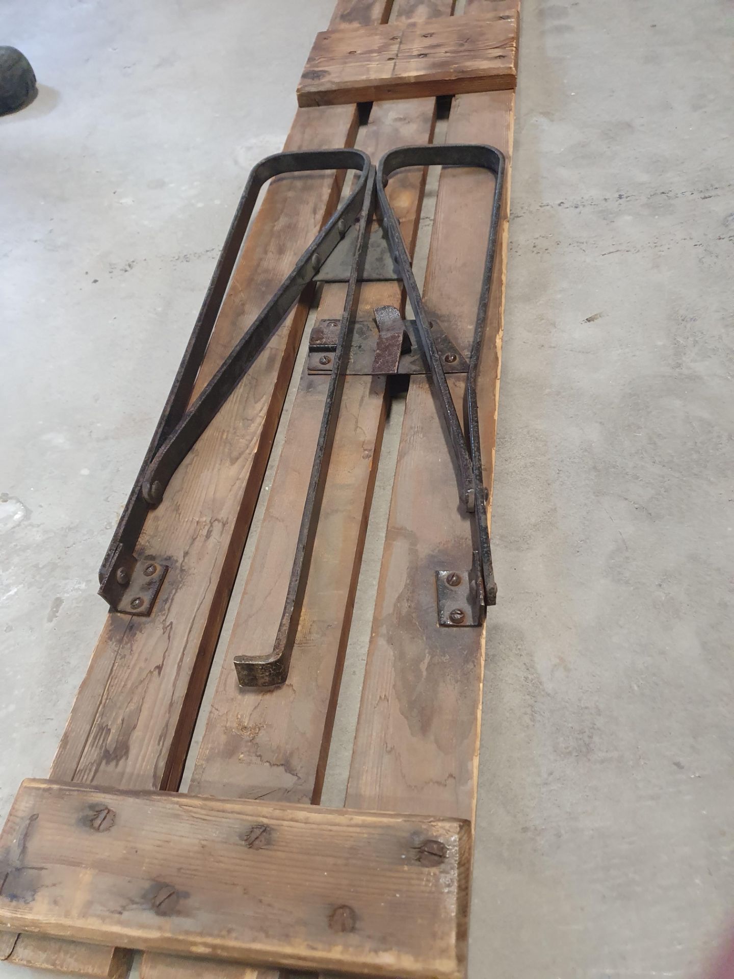 * Vintage slatted bench with folding metal legs. 1800w x 260d x 520h - Image 2 of 3