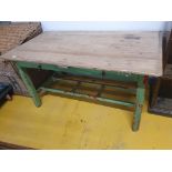 * Rustic pine kitchen table with green painted base. 1400w x 770d x 750h