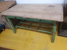 * Rustic pine kitchen table with green painted base. 1400w x 770d x 750h