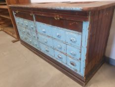 * Vintage counter/island unit with original decorative drawer fronts - solid mahogony top with