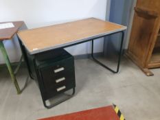 * Original 1950's office desk with metal frame and drawer unit - wooden top. 1200w x 700d x 785h