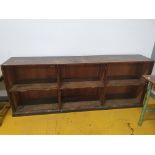 * superb solid oak shelf/storage unit with original brass name plates intact. 2320w x 420d x 900h