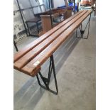 * Vintage slatted bench with folding metal legs. 1800w x 260d x 520h