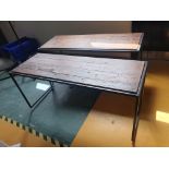 * Pair of mid-level metal frame display tables with wooden tops 1400w x 500d x 630h