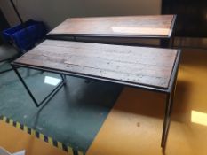 * Pair of mid-level metal frame display tables with wooden tops 1400w x 500d x 630h
