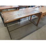 * metal frame display table with rustic wooden top. 1500w x 800d x 850h