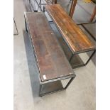 * pair of industrial metal frame tables with rustic wooden tops 1300w x 350d x 400h