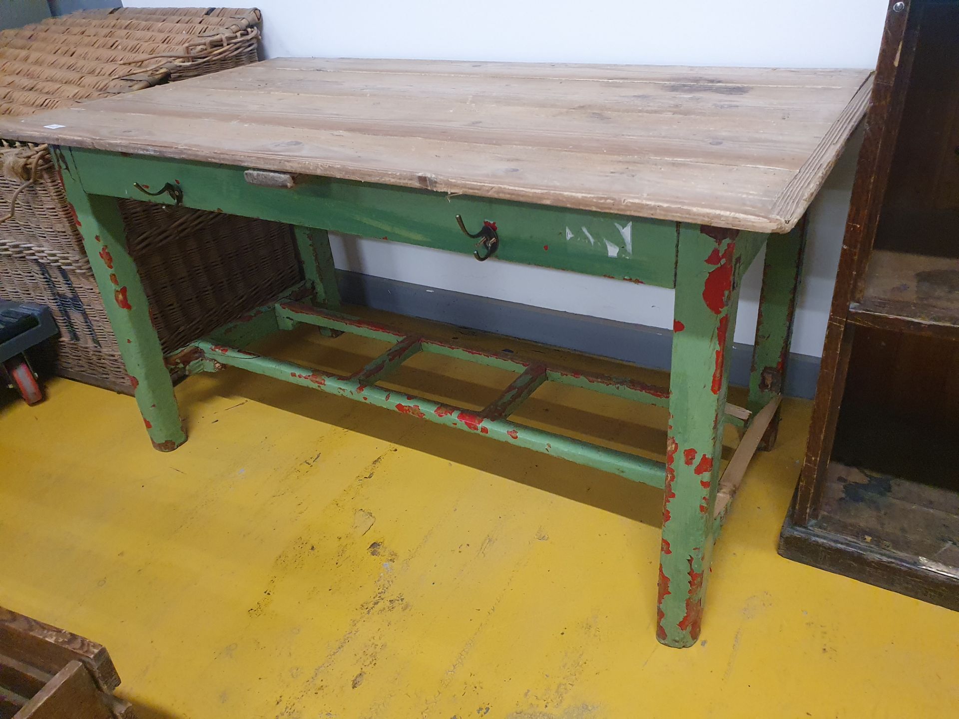 * Rustic pine kitchen table with green painted base. 1400w x 770d x 750h - Image 2 of 3