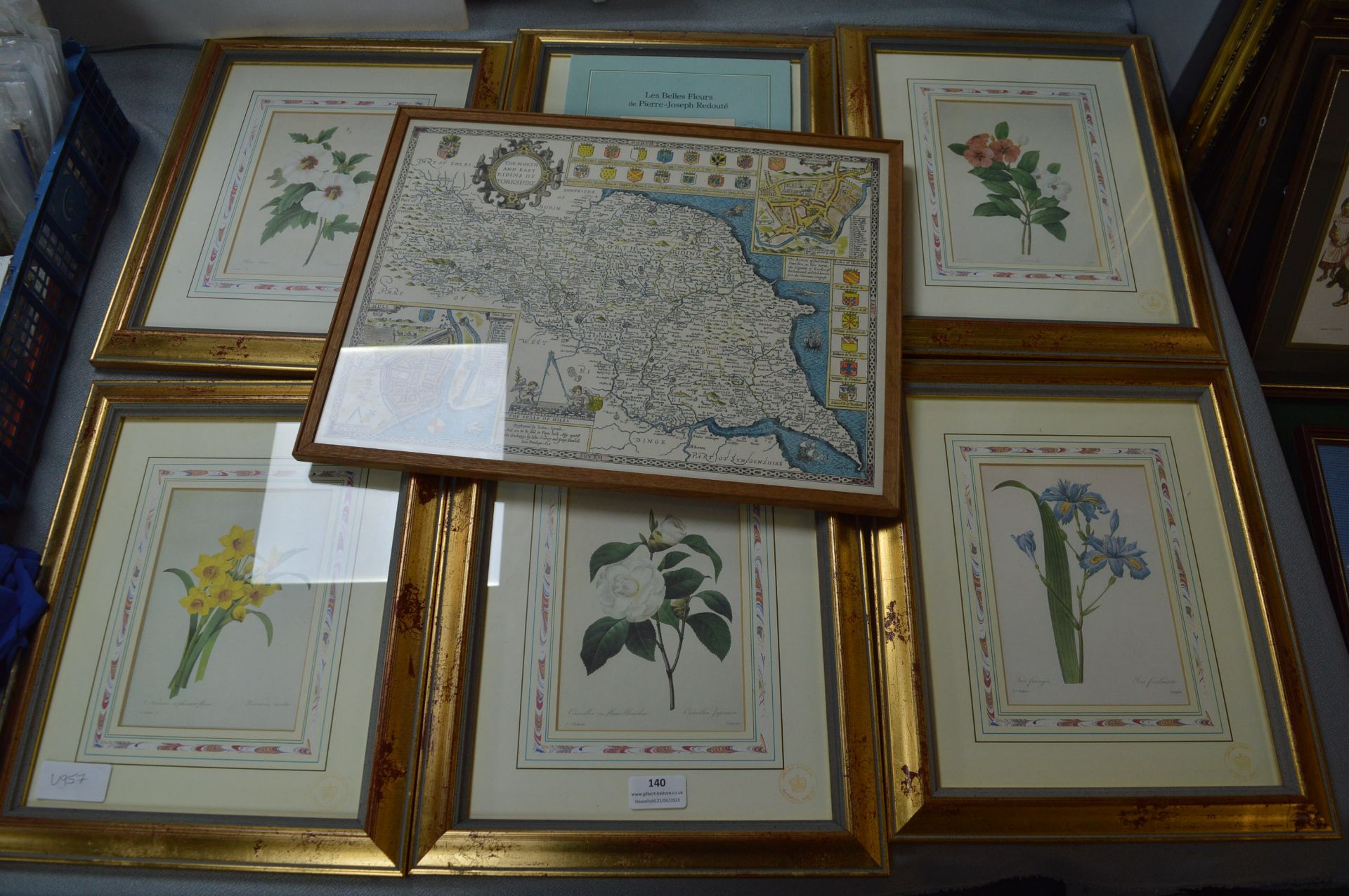 Six Framed Redoute Flower Prints, and a map of Yor