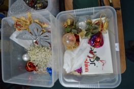 Two Boxes of Christmas baubles, Decorations, etc.