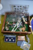 Wooden Case of Collectibles, Coins, Badges, Penkni