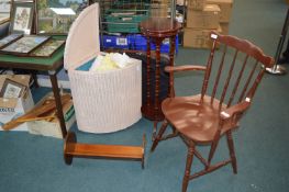 Vintage Chair, Corner Wicker Laundry Basket and Contents, Plant Stand, etc.