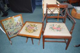 Chair with Tapestry Seat, Tapestry Fire Screen, an