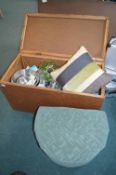 Large Wooden Box Containing Kitchenware, Cushions,