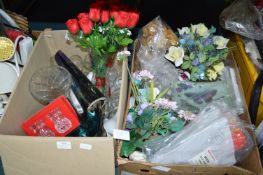 Two Boxes of Glassware, Artificial Flowers, etc.