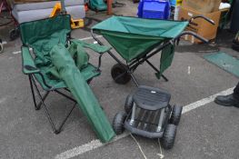 Folding Garden Barrow, Two Folding Chairs, and a T