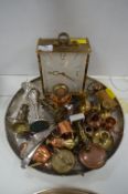 Tray Lot of Metal Oil Lamps, Candlesticks, and a C