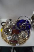 Tray Lot of Metalware, Teapots, Dishes, etc.