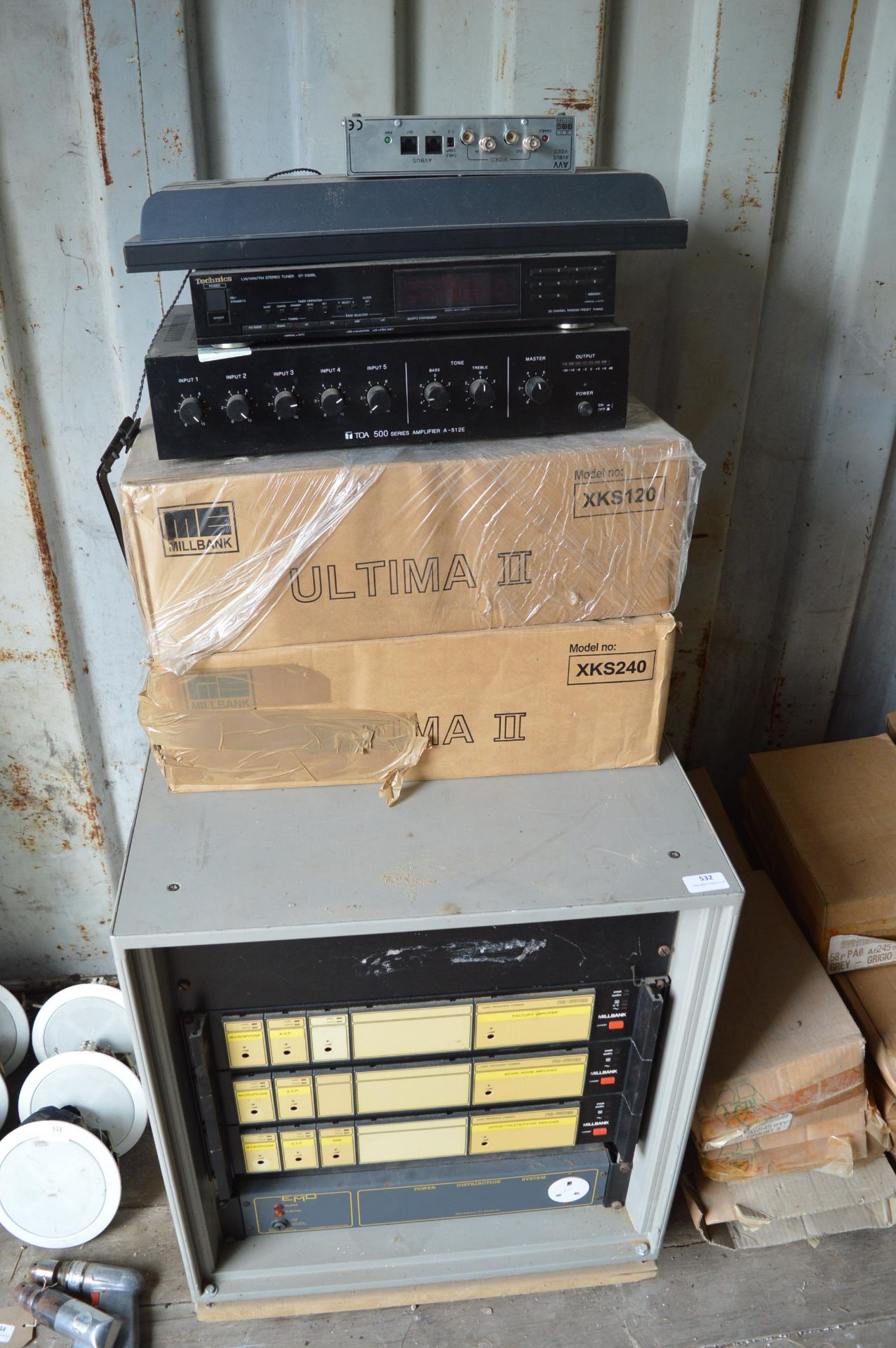 Assorted Amplifiers, Technics Tuner, Milbank Ultima 2 XKS120 & XKS240, and a Box Containing 3