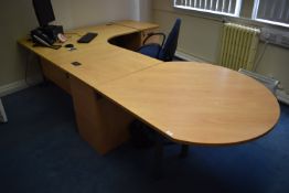 *Light Beech Effect & Grey Executive L-Shape Desk with Two Standalone Drawer Units, and a D-End