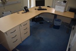*Office Suite in Light Ash Finish Comprising L-Shape Desk, Side Table, and Two Standalone Drawer