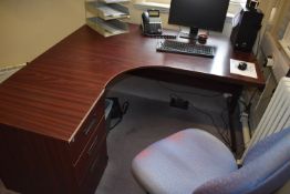 *Sapele Mahogany L-Shape Desk with Matching Side Table, Standalone Three Drawer Unit, and a Blue