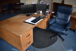 *Executive Double Pedestal Desk with Brass Handles, Blue Leather Executive Swivel Chair, and Two-